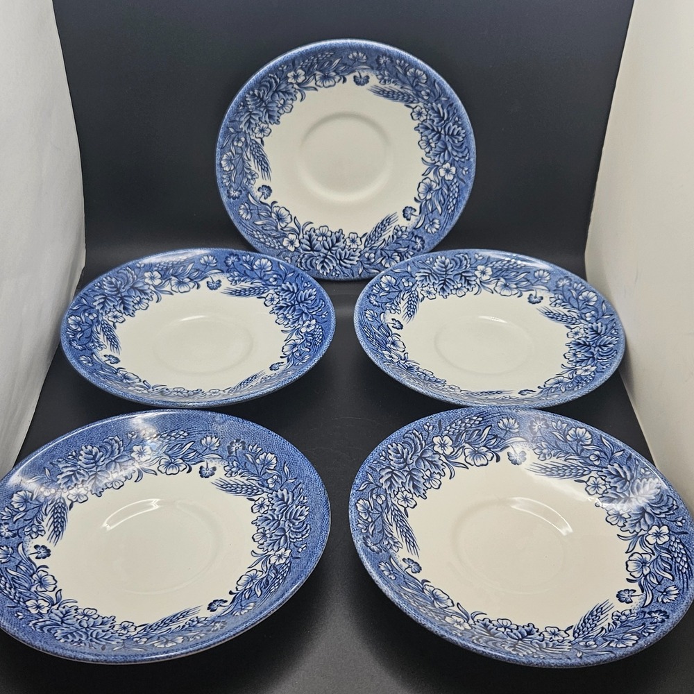 Vintage Churchill England Blue Floral Saucers Set of 5 Ironstone Tea Cup Plates